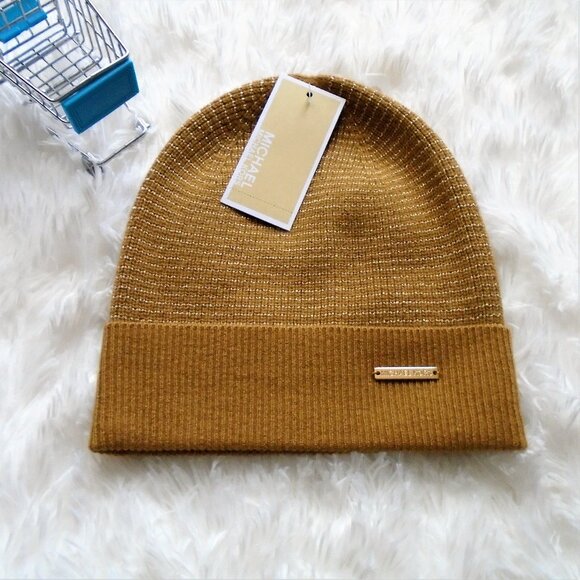 Michael Kors Metallic Wool Blend Beanie Dark Caramel Gold 1 Size - Picture 1 of 7